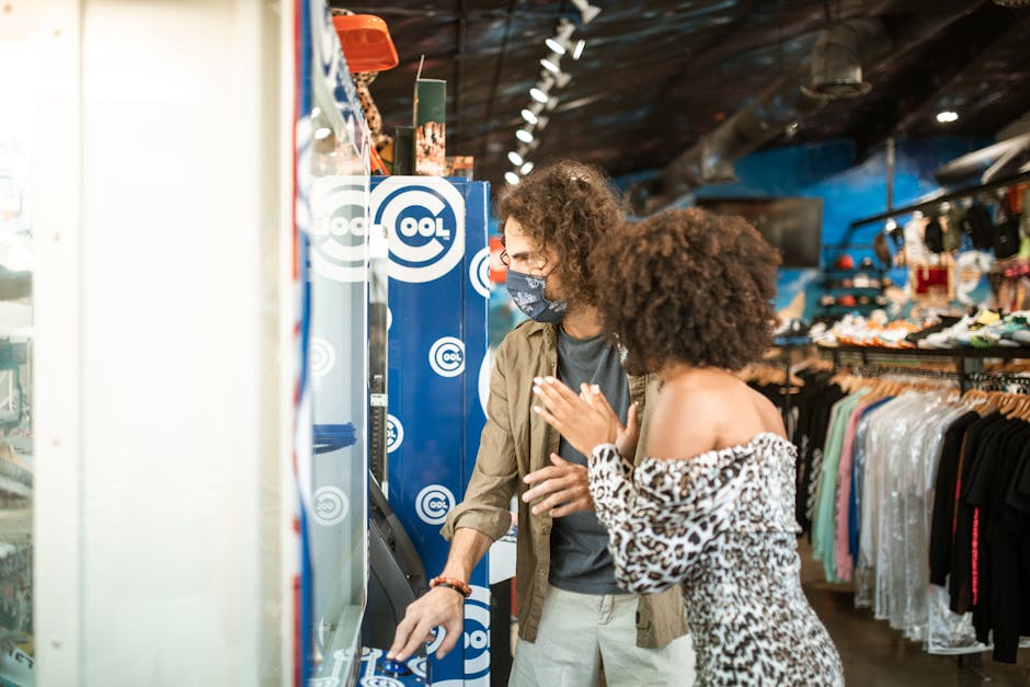 Woman and Man with Curly Hair Standing by ATM at Bazaar