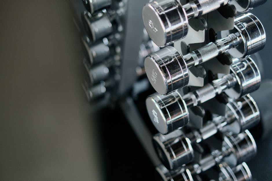 Silver Dumbbells on Black Steel Rack