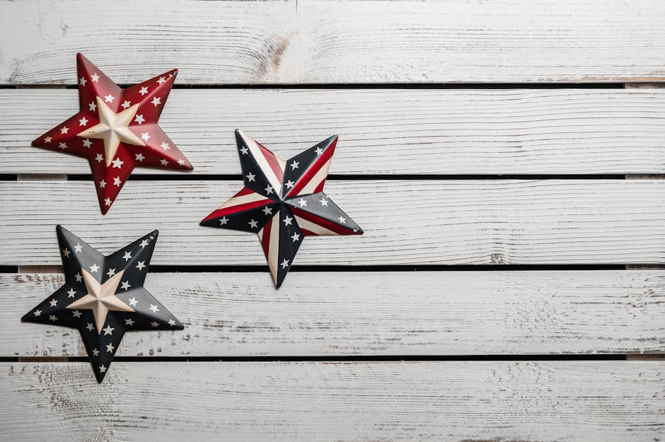 Star shaped souvenirs with American flag pattern on lumber table