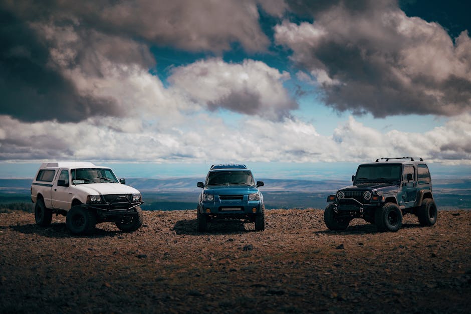 Various contemporary style all terrain vehicles parked on dry shabby terrain behind mounts under dramatic cloudy sky in overcast weather in daylight