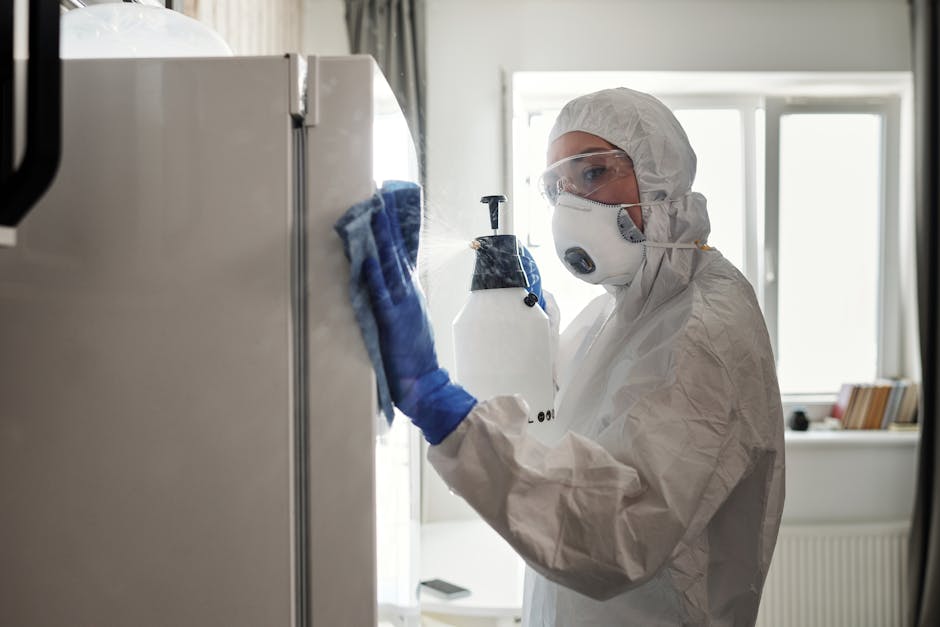 A Woman in White Coveralls Cleaning a Refrigerator