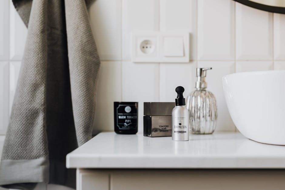 Personal care supplies on cabinet in stylish bathroom