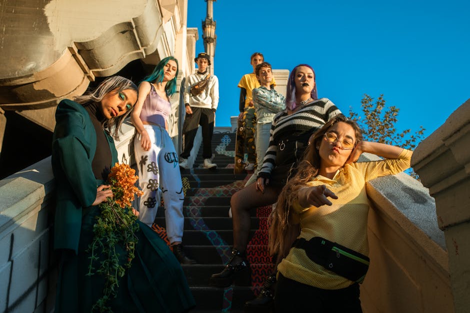 Group of People Standing on Stairs