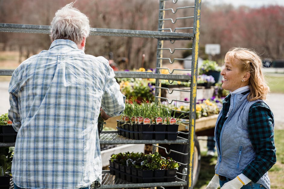 Cheerful farmers with boxes of plants