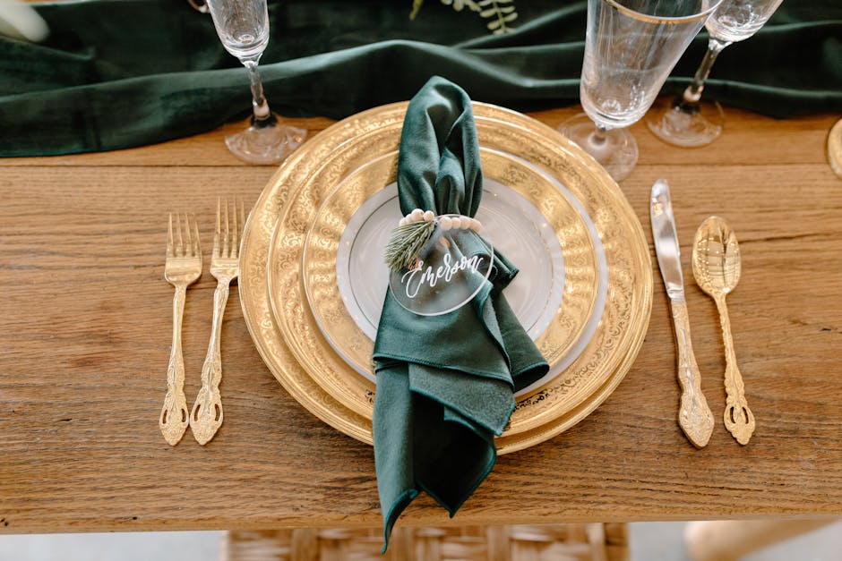 Table setting with elegant tableware and personalized napkin ring