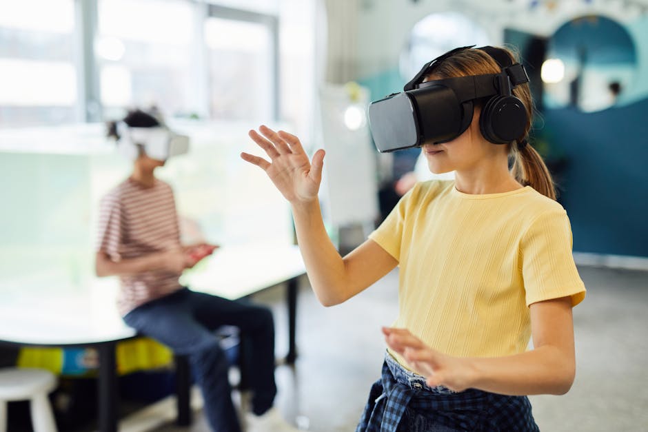 Young female in VR glasses standing in light room and testing new device