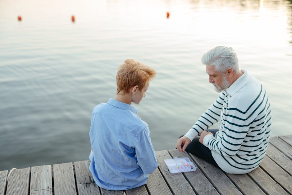 A Grandfather Teaching a Boy About Fishing Baits