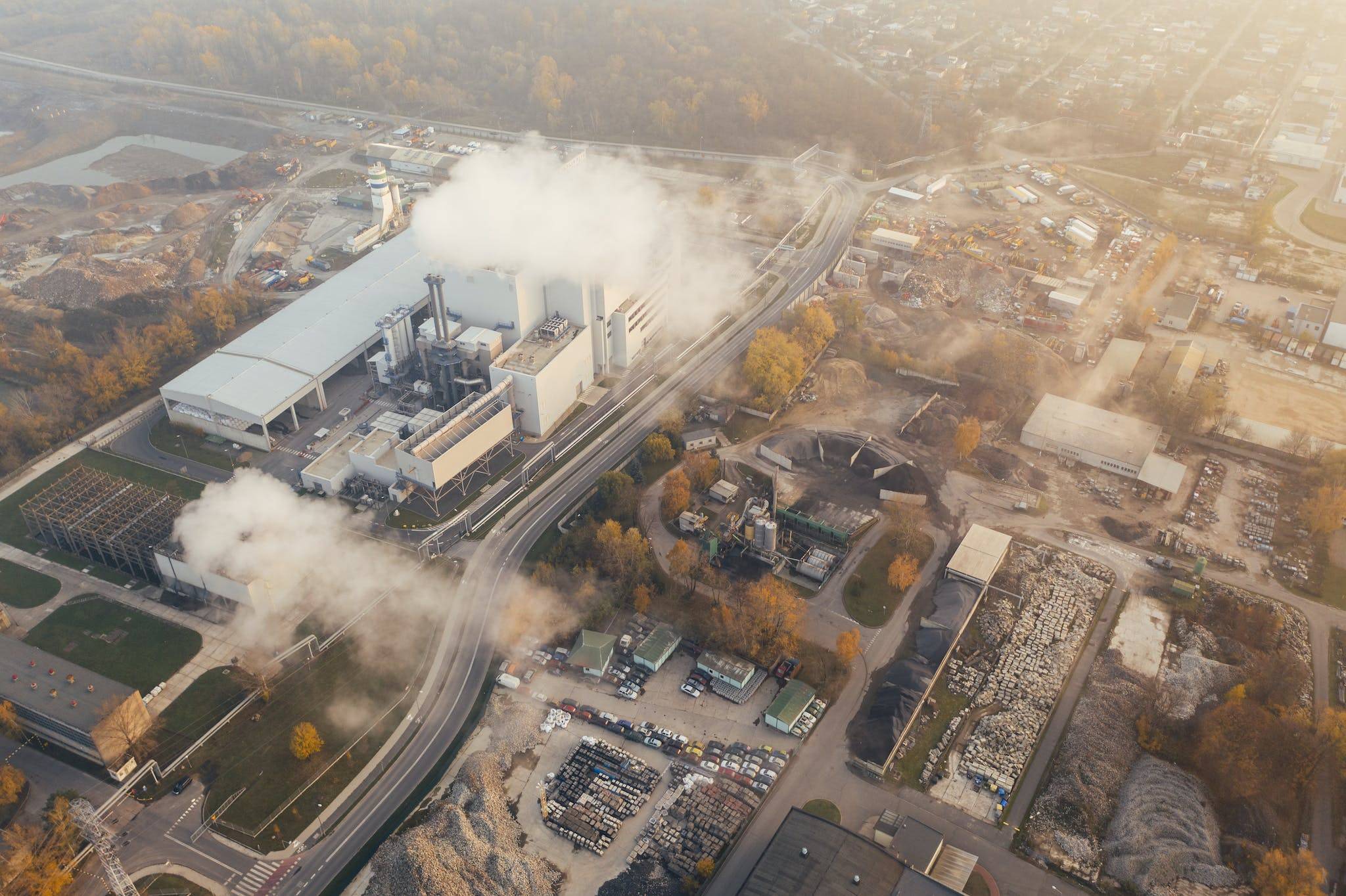 High chimneys and buildings of central heating plant from above