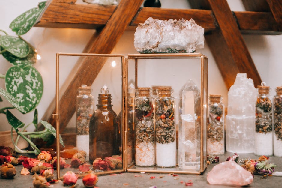 Salt and Herbs in Glass Bottles