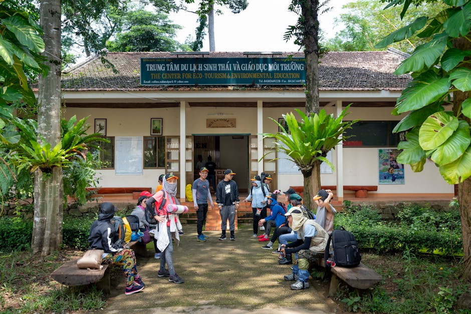 Group of travelers preparing for trekking in tropical woods