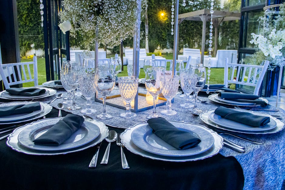 Garden Party and a Table Setting with Blue Napkins and Crystal Wineglasses