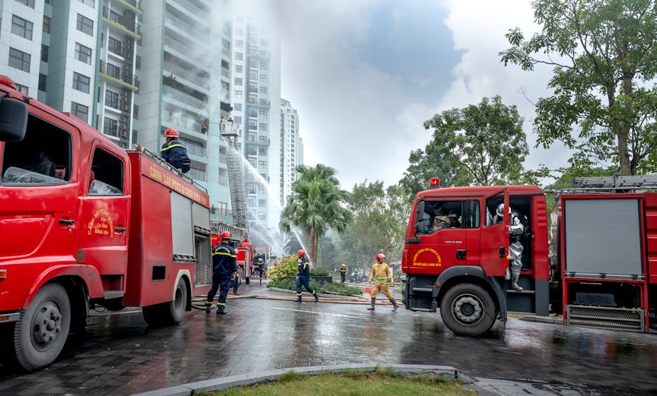 Firefighters Extinguishing Fire of Residential Building