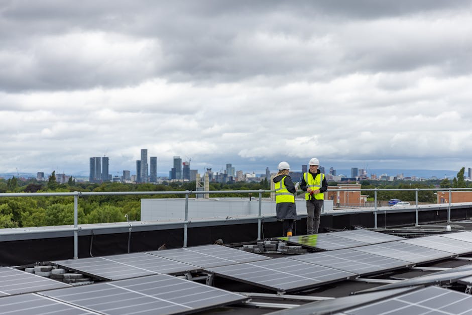 Two people standing on the roof of a building with solar panels