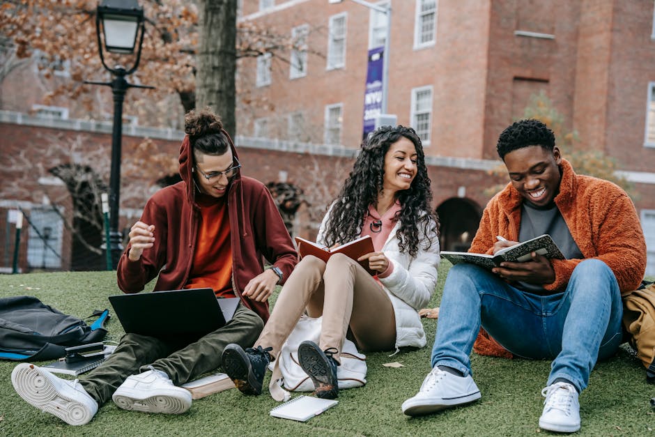 Corpo inteiro de estudantes felizes e diversificados, com cadernos e computadores portáteis, sentados num relvado relvado no campus da universidade, enquanto estudam juntos