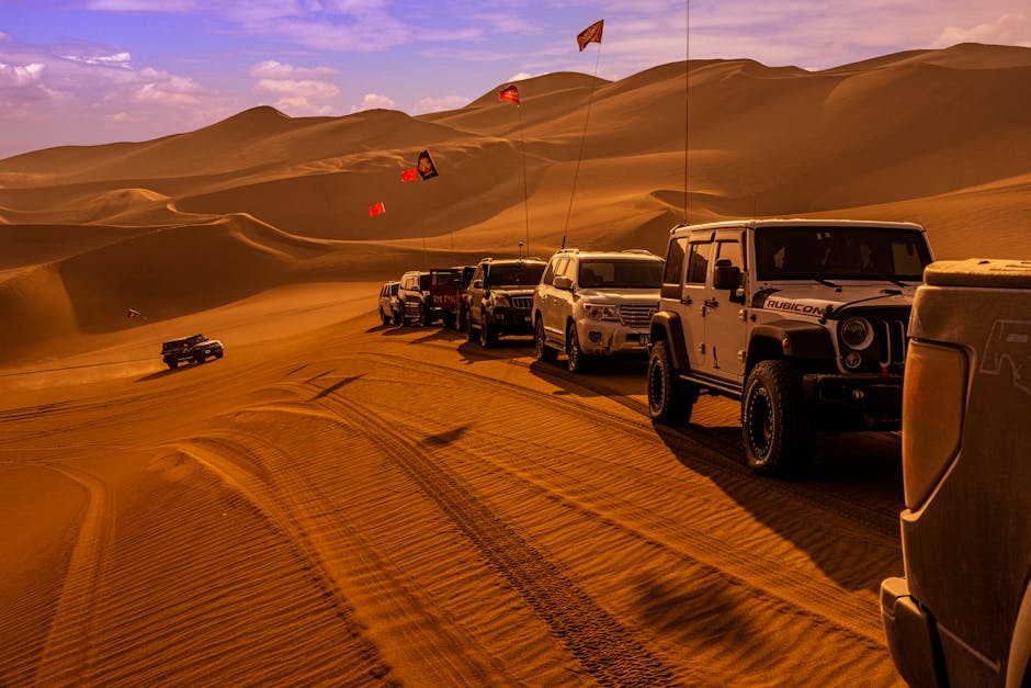 Vehicles with Flags on Brown Desert