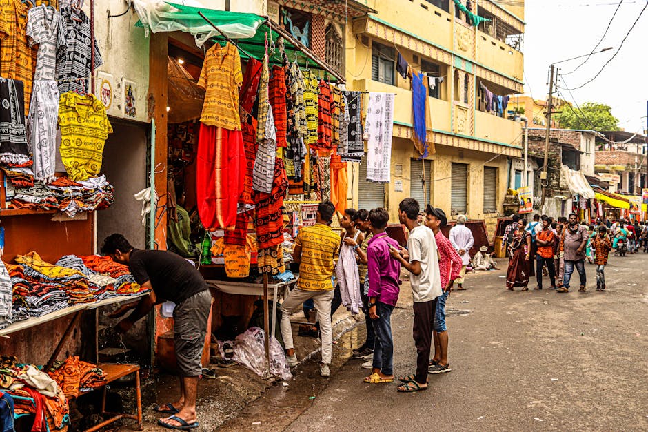 Outdoor Textile Market and People on Street