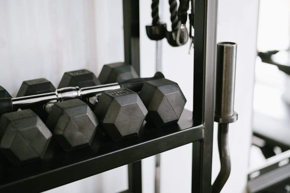 A rack of dumbbells in a gym