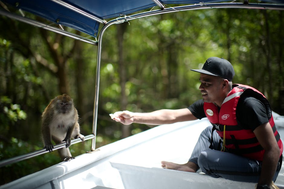 Man in Life Jacket Sitting in Boat Feeding Monkey