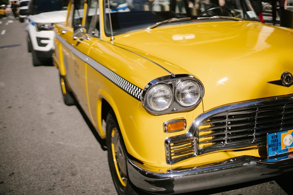 Parked retro cab on asphalt road