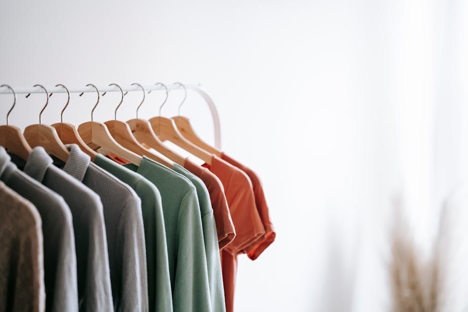 Interior of light apartment with different clothes on wooden hangers in wardrobe near white walls