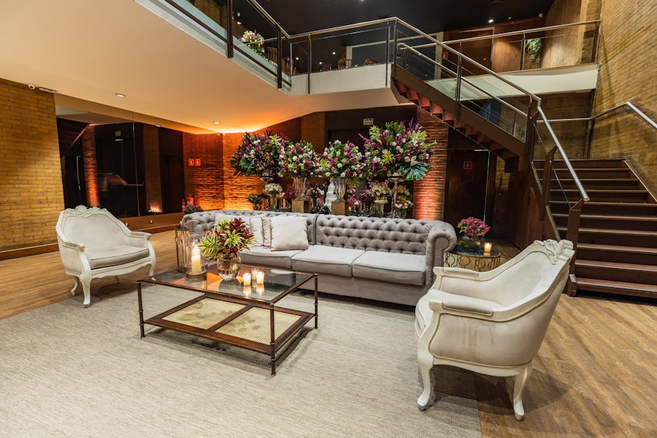 Hotel Lobby with flowers in Vases and Candles