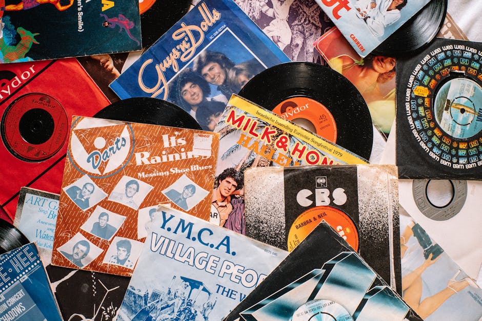 Set of retro vinyl records on table