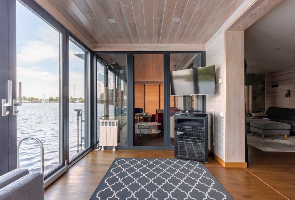 Contemporary design of spacious room made from natural materials and colors with overlooking rippled lake surface right behind floor to ceiling windows