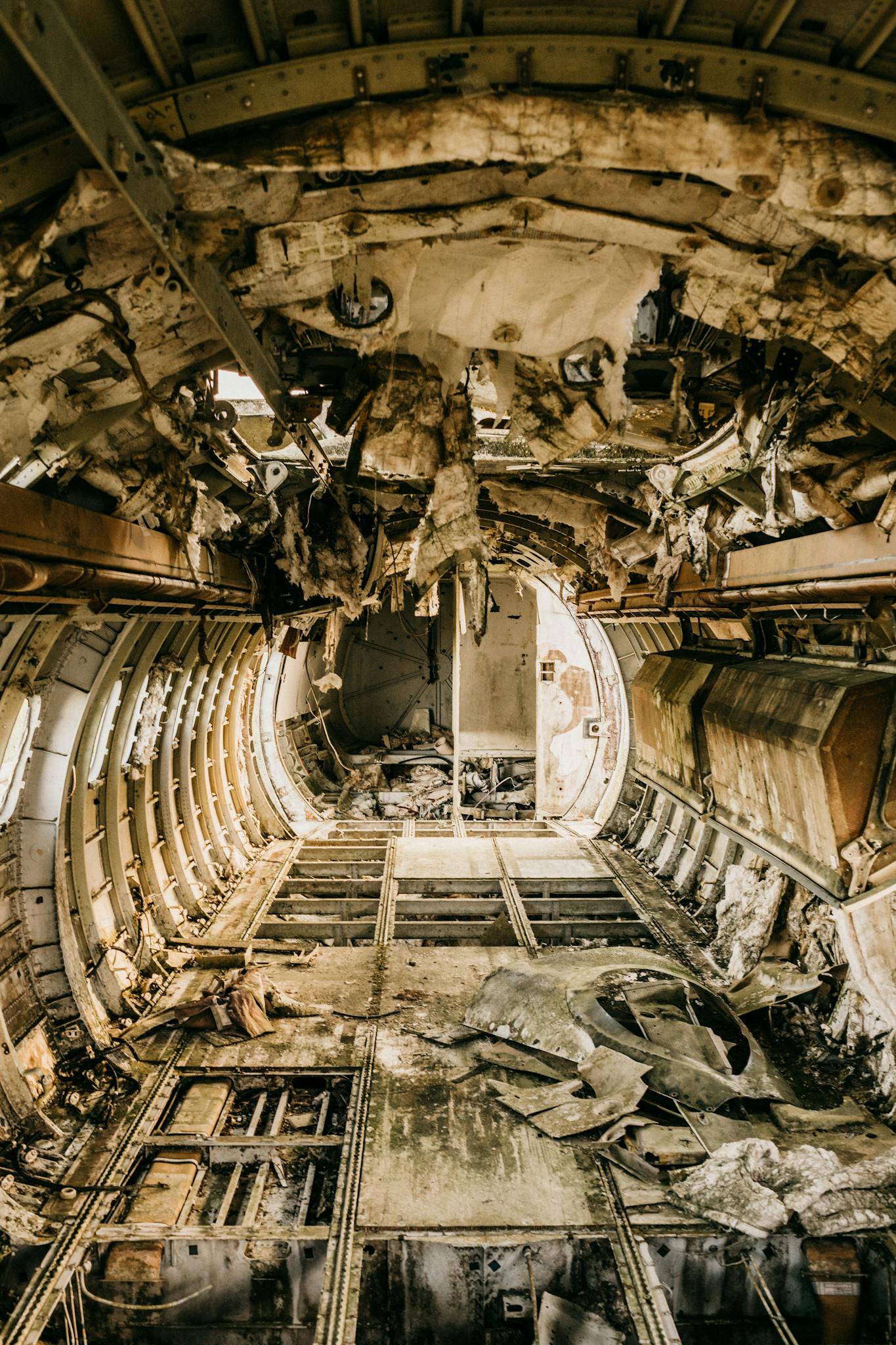 Interior of aircraft cabin after having accident