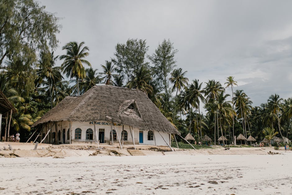 Small hut on sandy seashore