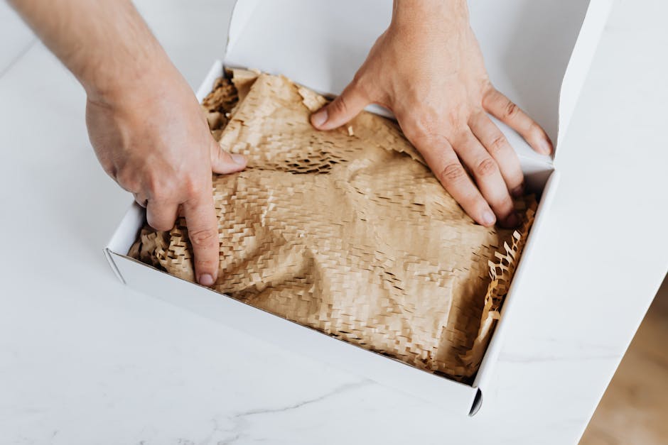 From above crop adult male packing ordered product or gift in white cardboard box with craft paper for safety postal delivery at white marble table