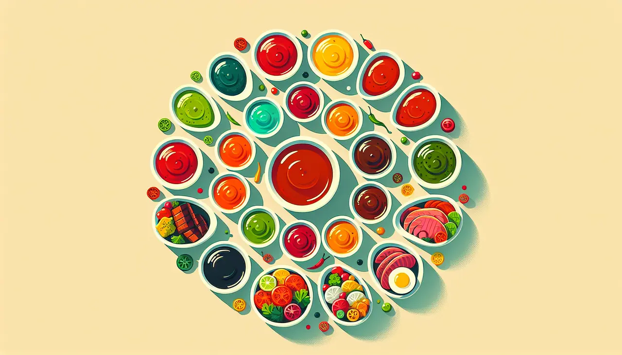 Draw a graphic in flat design style. Prompt: A variety of colorful sauces in small bowls arranged in a circle around a plate of food.