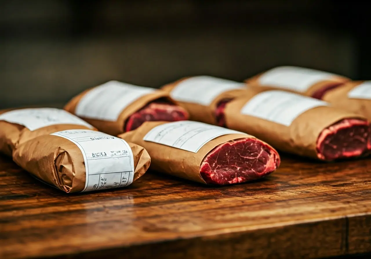 Bison steaks neatly wrapped in butcher paper, labeled for freezing. 35mm stock photo