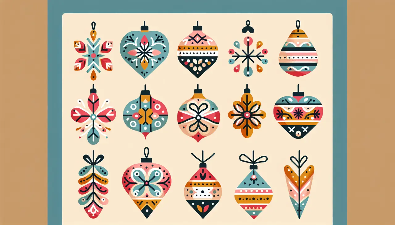 Draw a graphic in flat design style. A few charming handcrafted ornaments with simple, bright colors on a plain background.