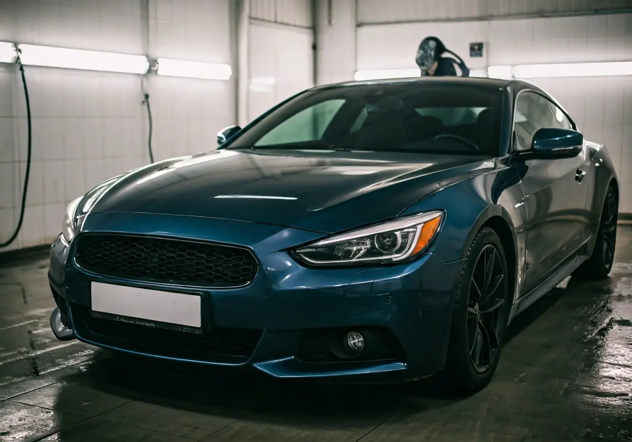 A shiny car getting detailed at an auto spa. 35mm stock photo