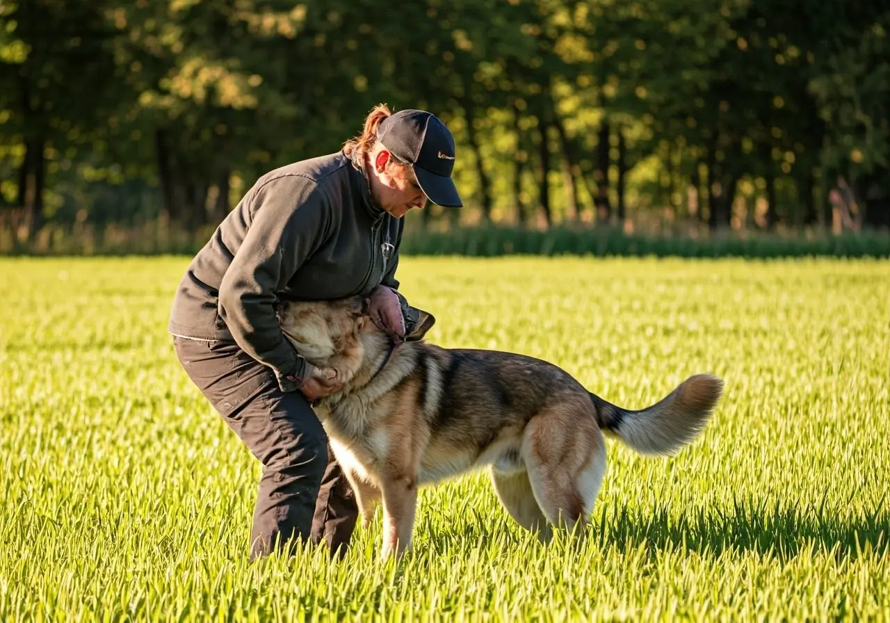 A trainer with a dog in an outdoor training session. 35mm stock photo