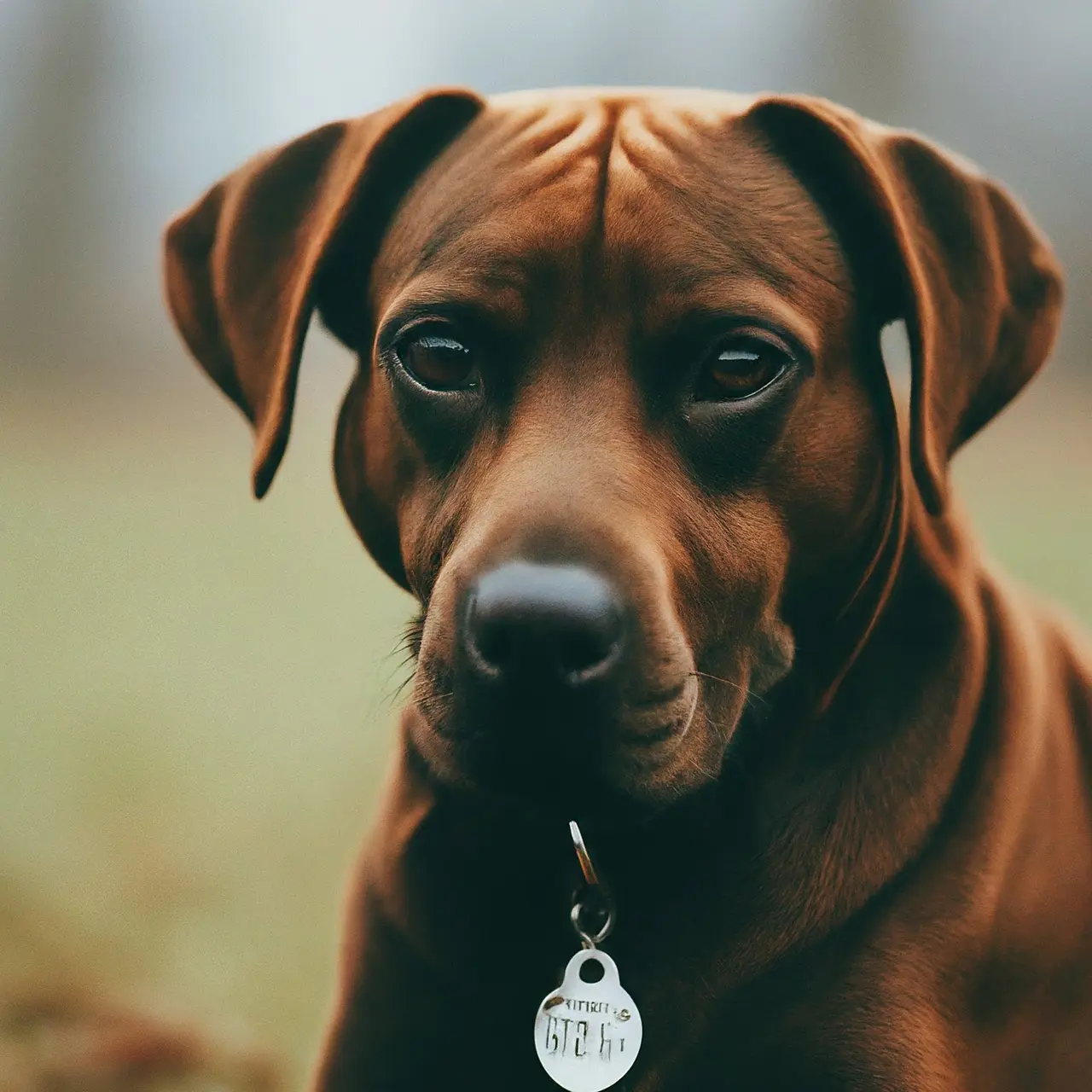 A close-up of a dog wearing a shiny ID tag. 35mm stock photo