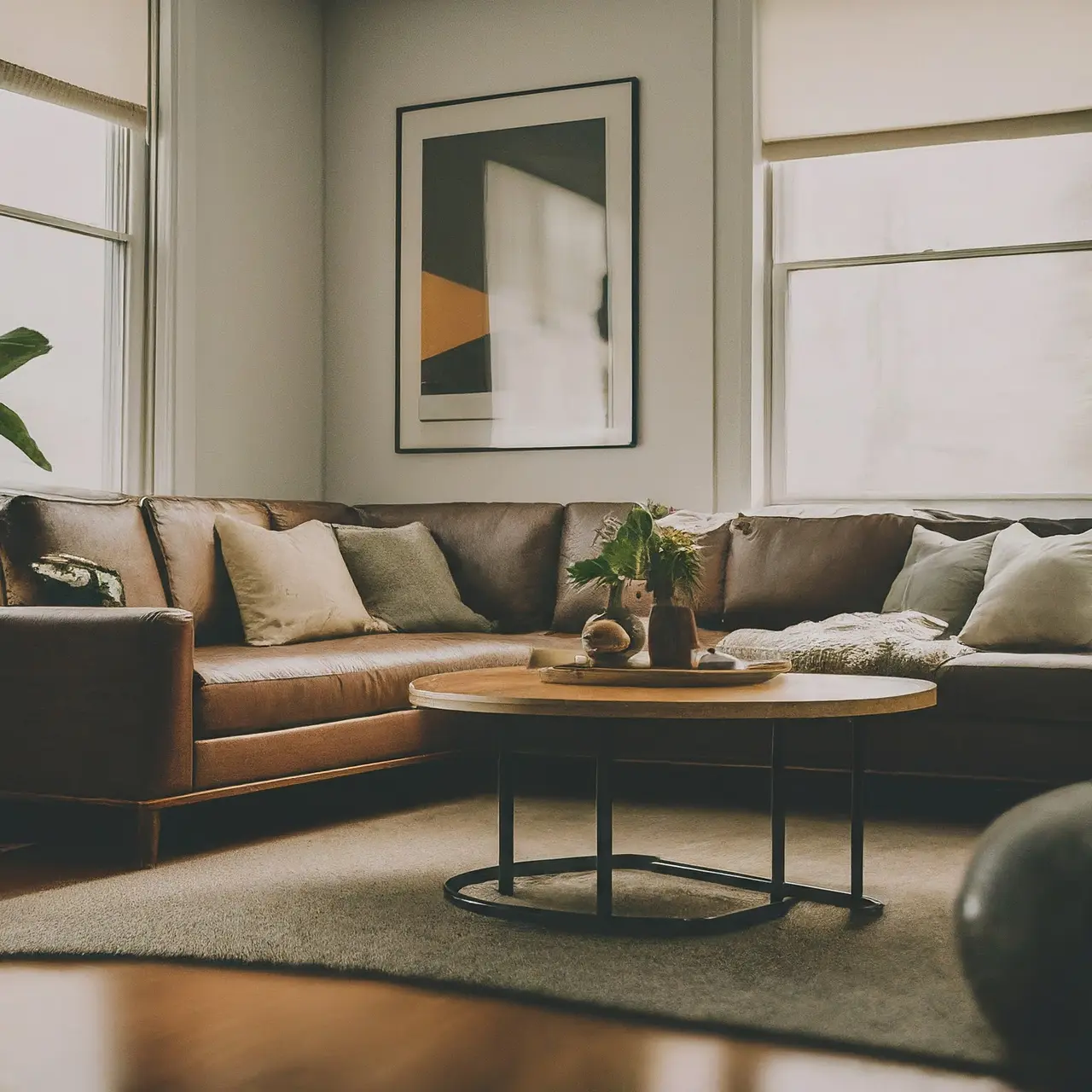 A tidy living room with sparkling clean surfaces and organized decor. 35mm stock photo