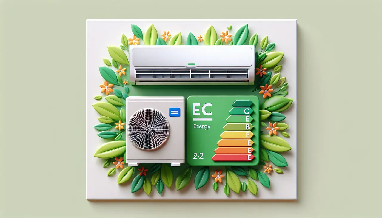 Draw a graphic in flat design style. An illustration of a modern air conditioner with an energy efficiency label beside it, surrounded by small green leaves.