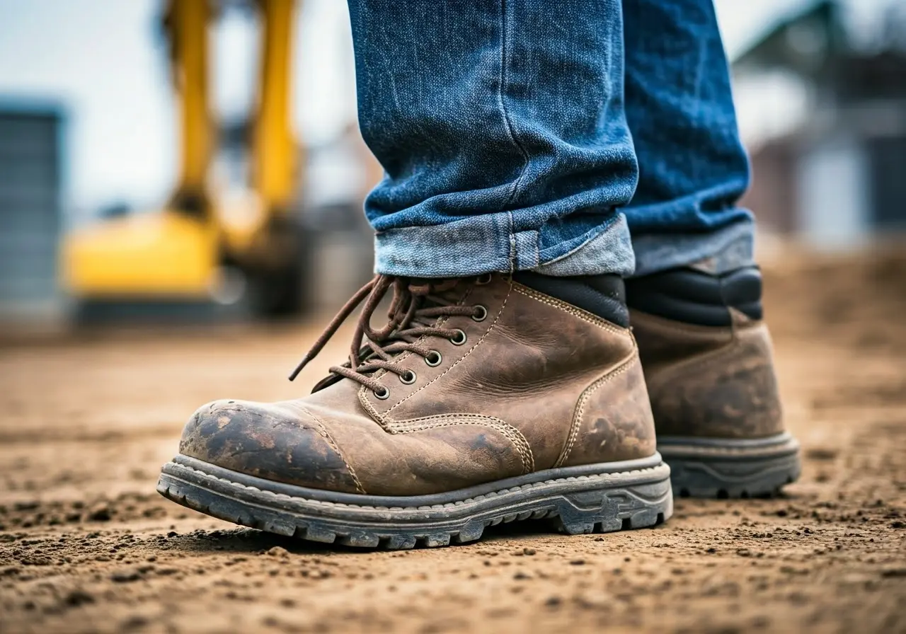 A pair of rugged work boots on construction site ground. 35mm stock photo