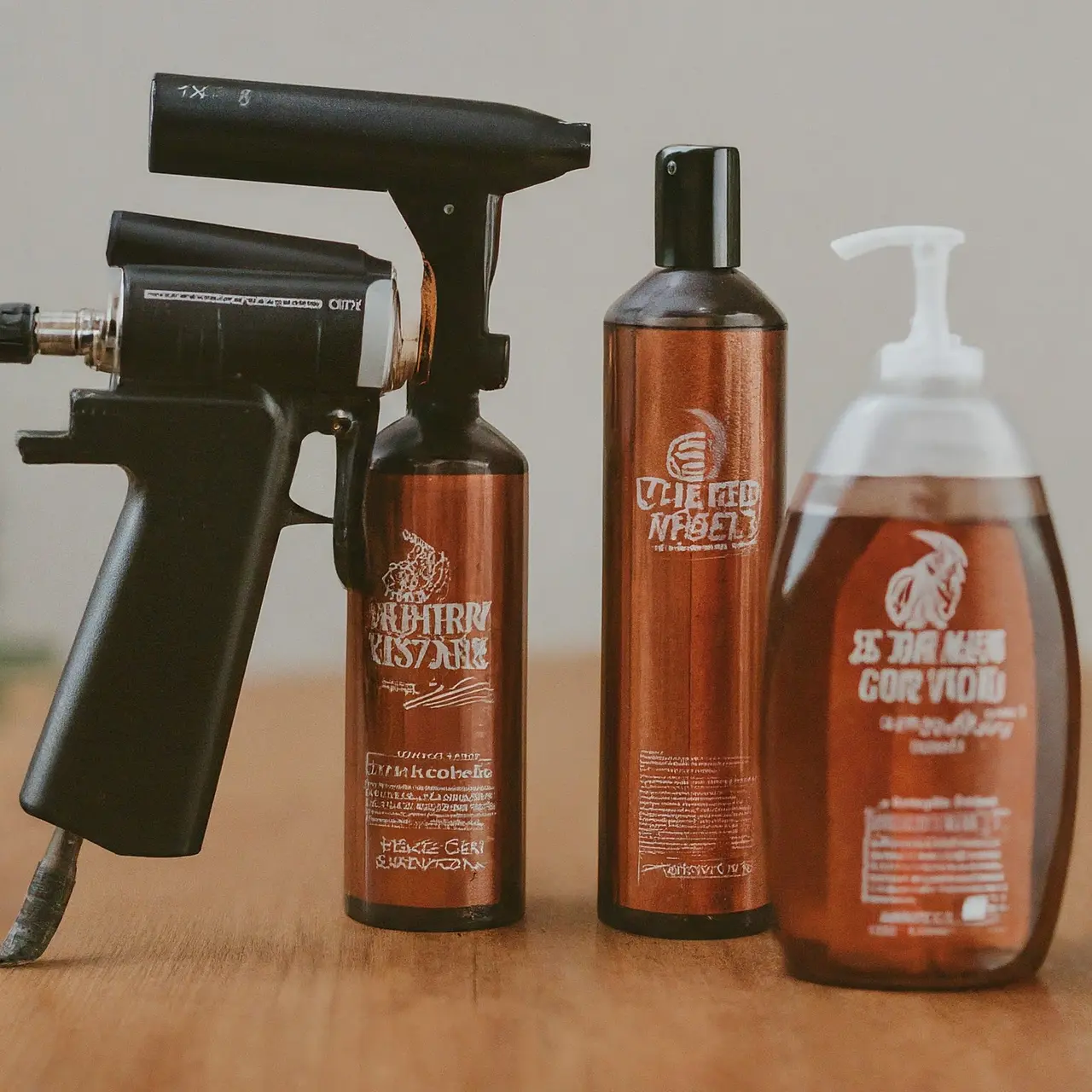 A spray tan gun and tanning solution bottles on a table. 35mm stock photo