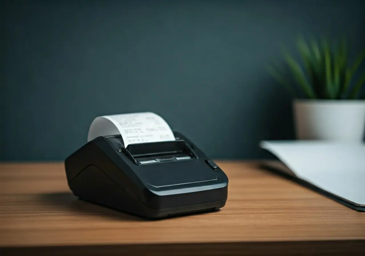 A sleek receipt scanner beside a neatly organized desk. 35mm stock photo