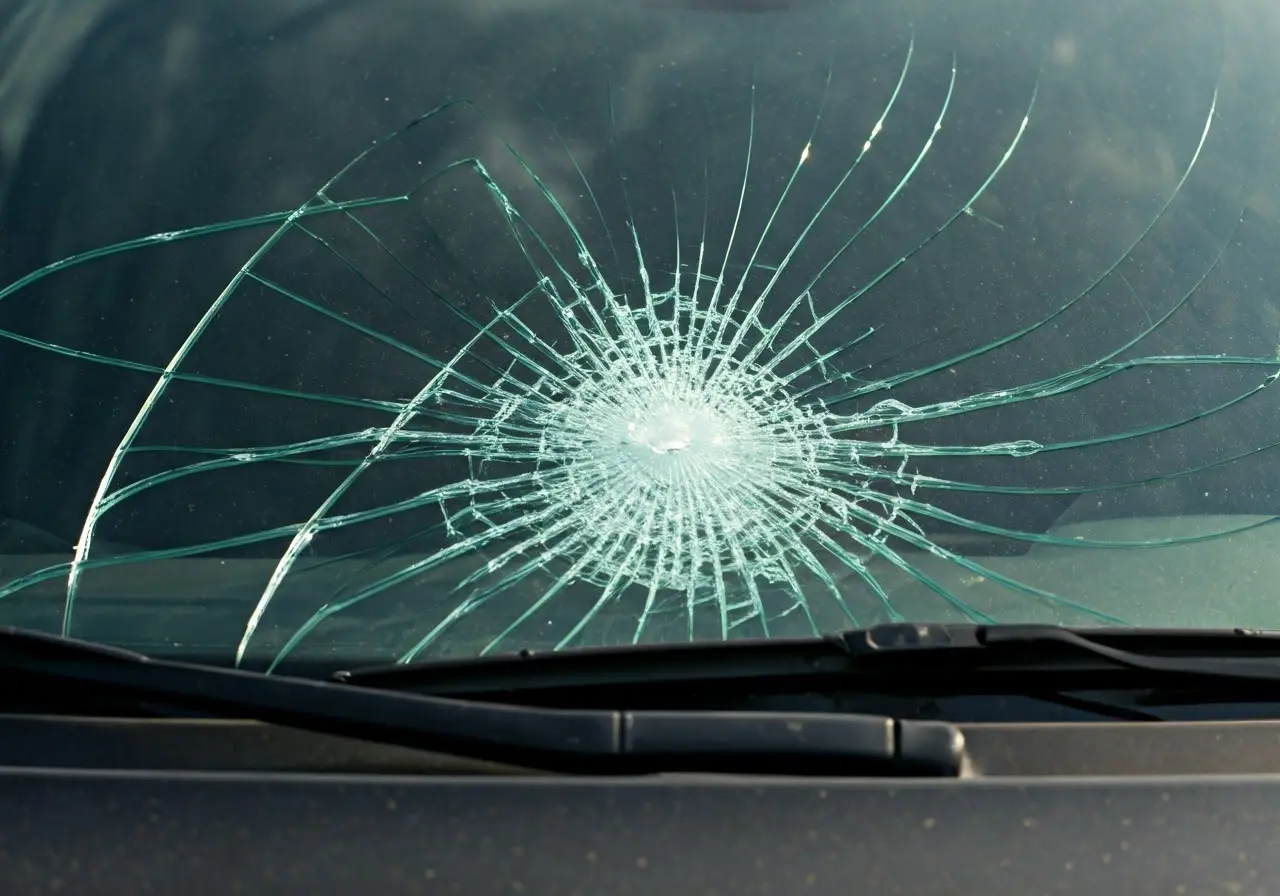 Car windshield with sunlit cracks and scattered glass pieces. 35mm stock photo