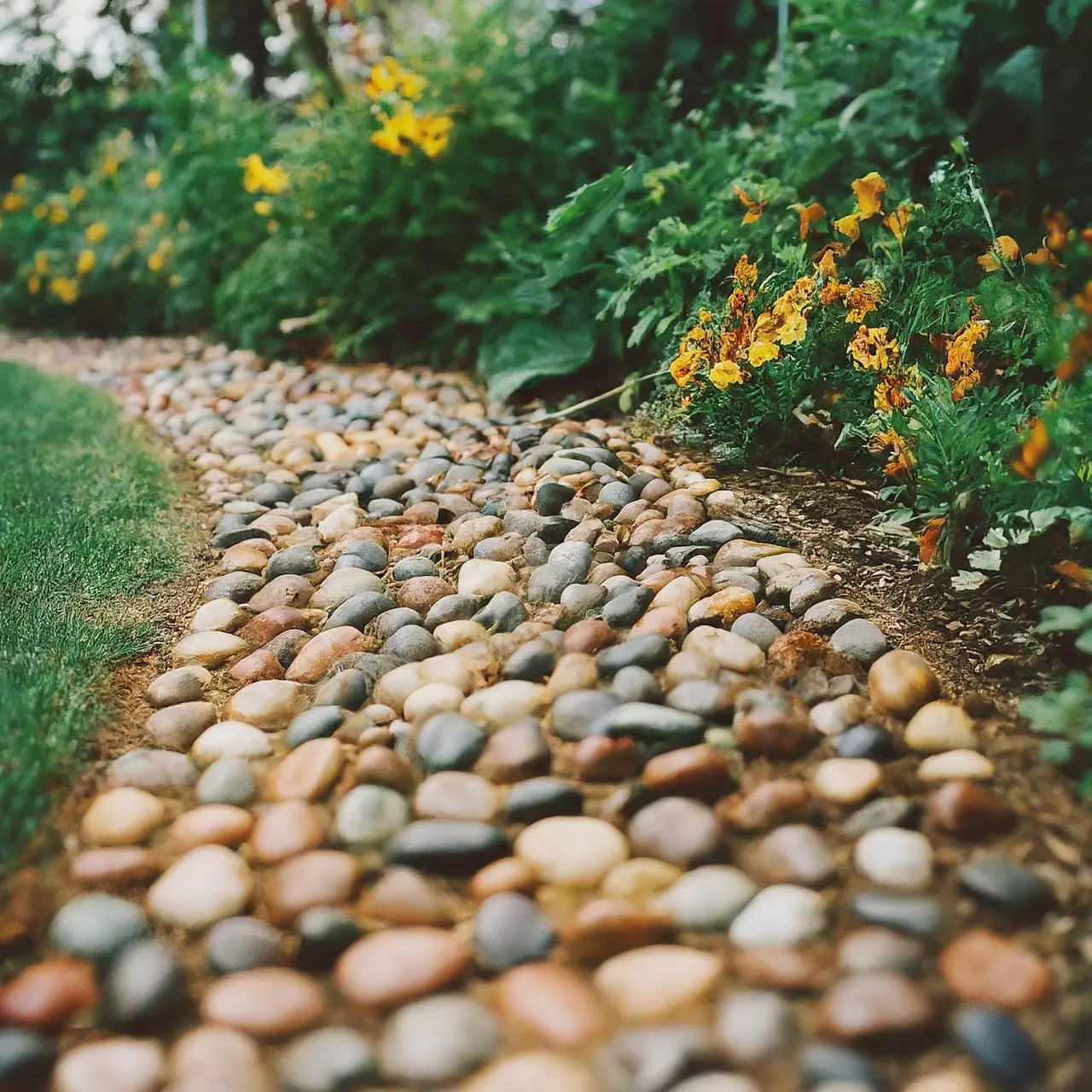 Assorted colorful pebbles arranged on a garden pathway. 35mm stock photo