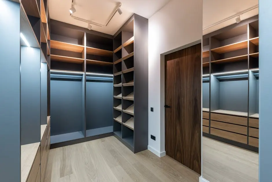 Spacious modern walk-in closet with wooden shelves and sleek finishes.