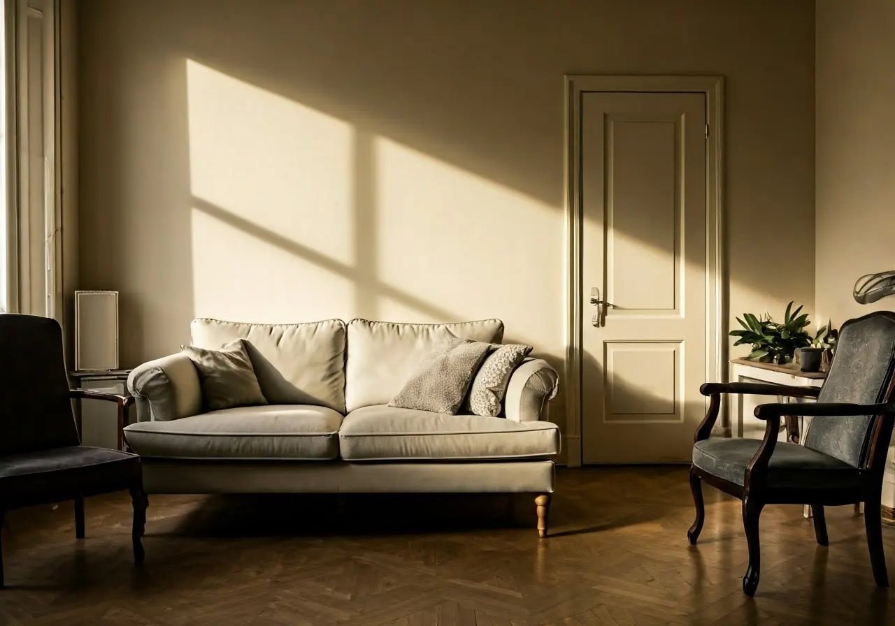 A serene, sunlit living room with comforting decor elements. 35mm stock photo