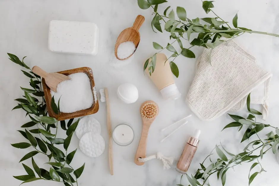 Elegant flat lay of organic bath essentials including soap, brush, and salts with greenery.