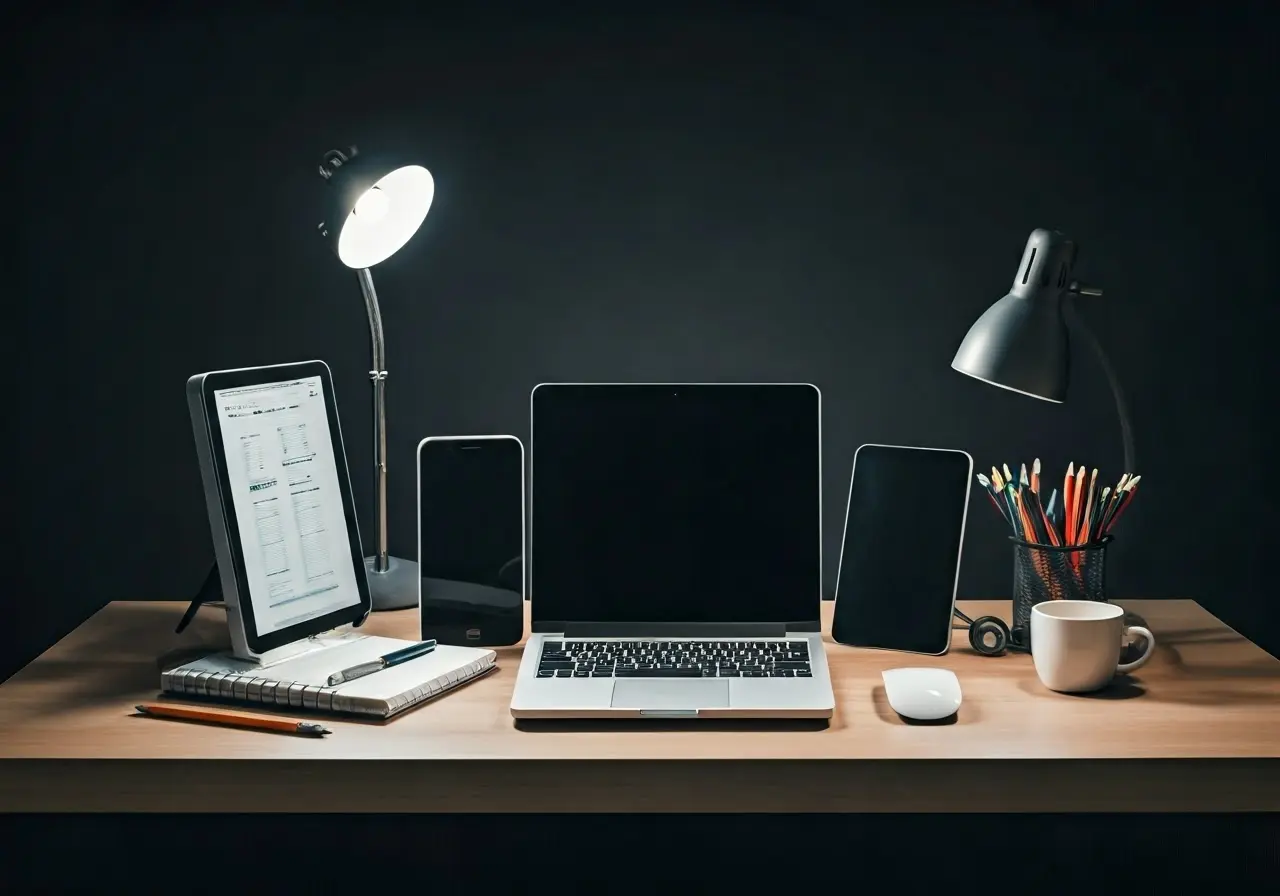 A diverse array of tech gadgets on a modern office desk. 35mm stock photo