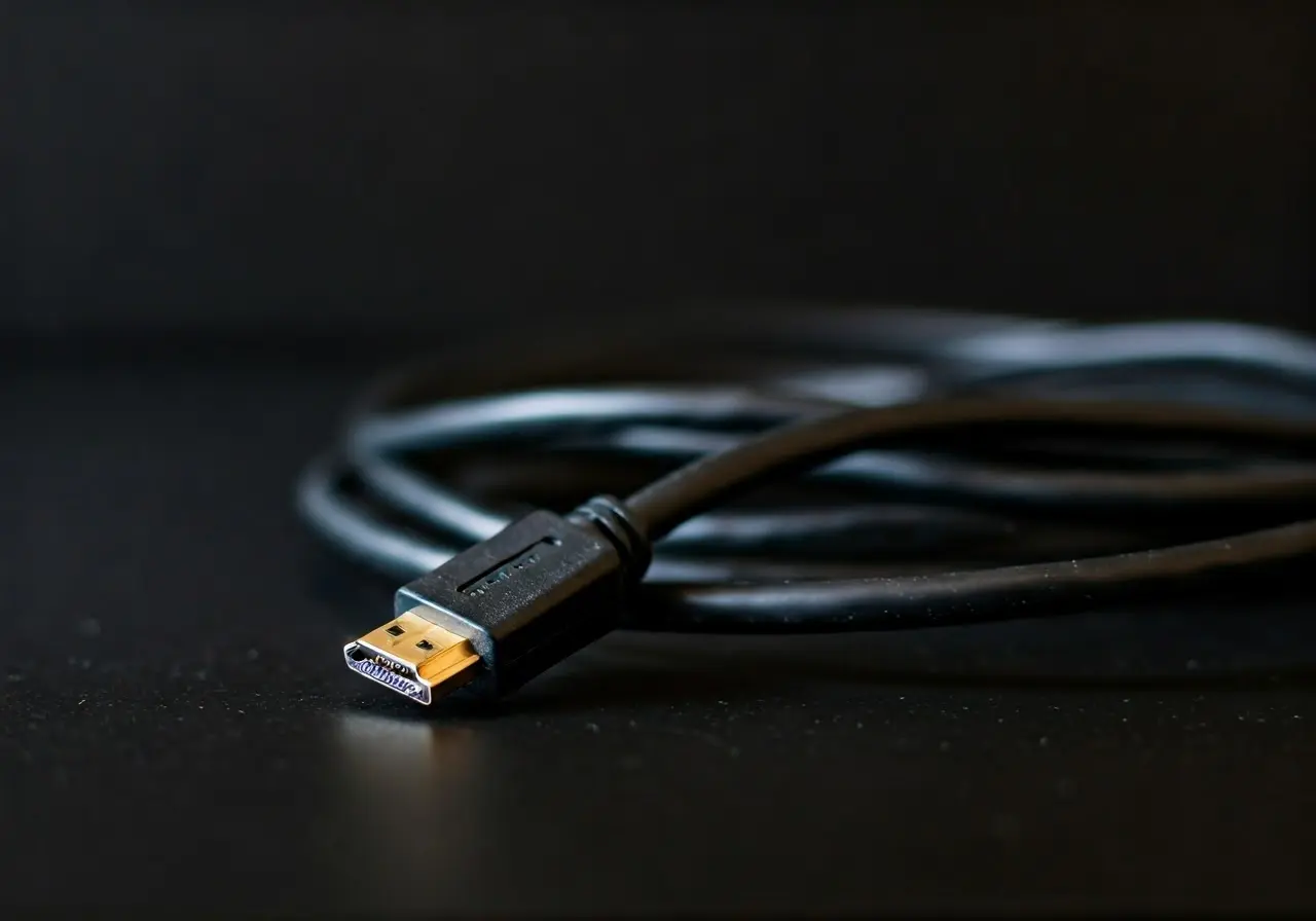 A tangled HDMI cable placed on a modern electronic device. 35mm stock photo