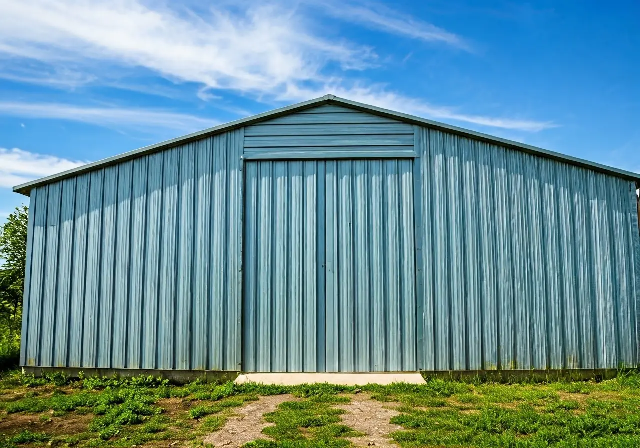 A well-maintained metal shed with spotless walls and roof. 35mm stock photo