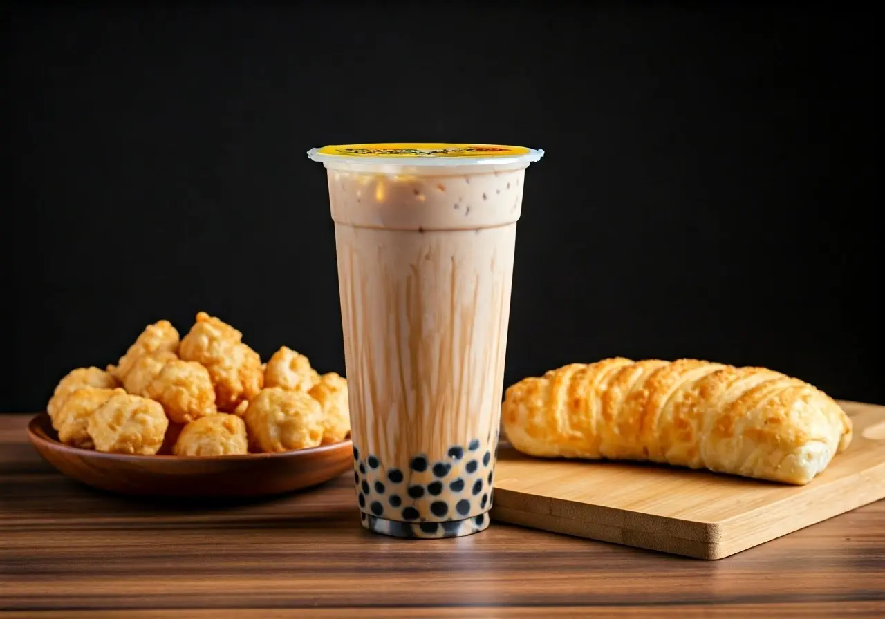 A cup of bubble milk tea next to Singapore snacks. 35mm stock photo